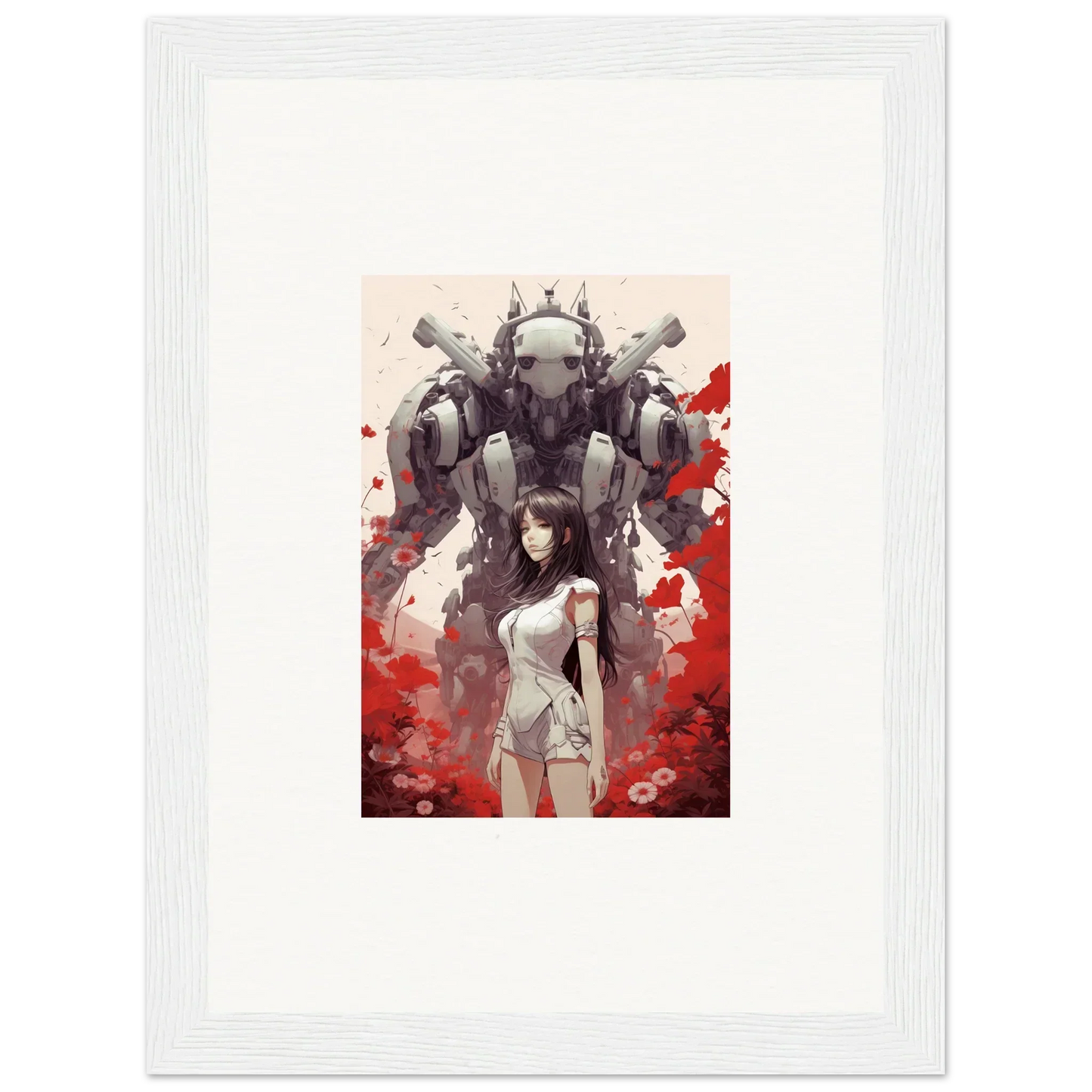 Woman with robotic figure and red splashes for Future Echoes canvas print wall art