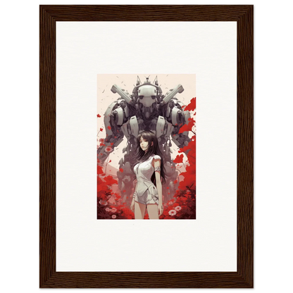 Framed wall art of a woman and robot with red splatters, perfect for room decoration