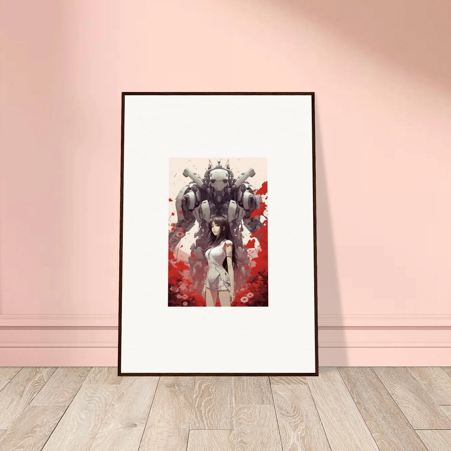 Framed Future Echoes wall art of a figure and mecha robot for cool room decoration