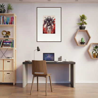 Stylish home office workspace featuring a desk, chair, and trendy wall art for room decoration