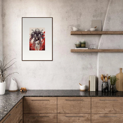 Modern kitchen with wooden cabinetry and abstract canvas print wall art for stylish room decoration