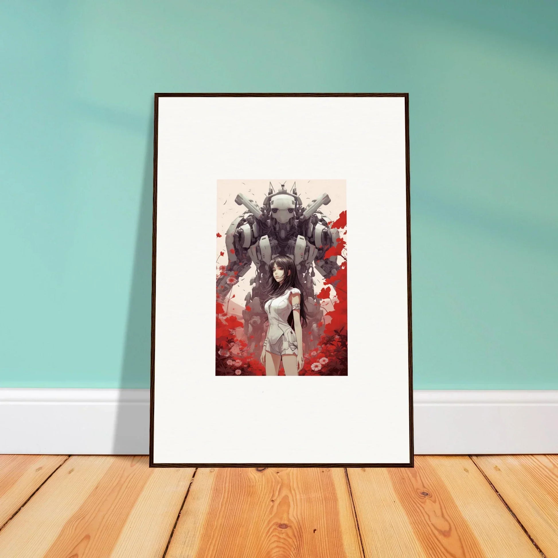 Framed Future Echoes canvas print featuring a figure and robotic form for cool wall art