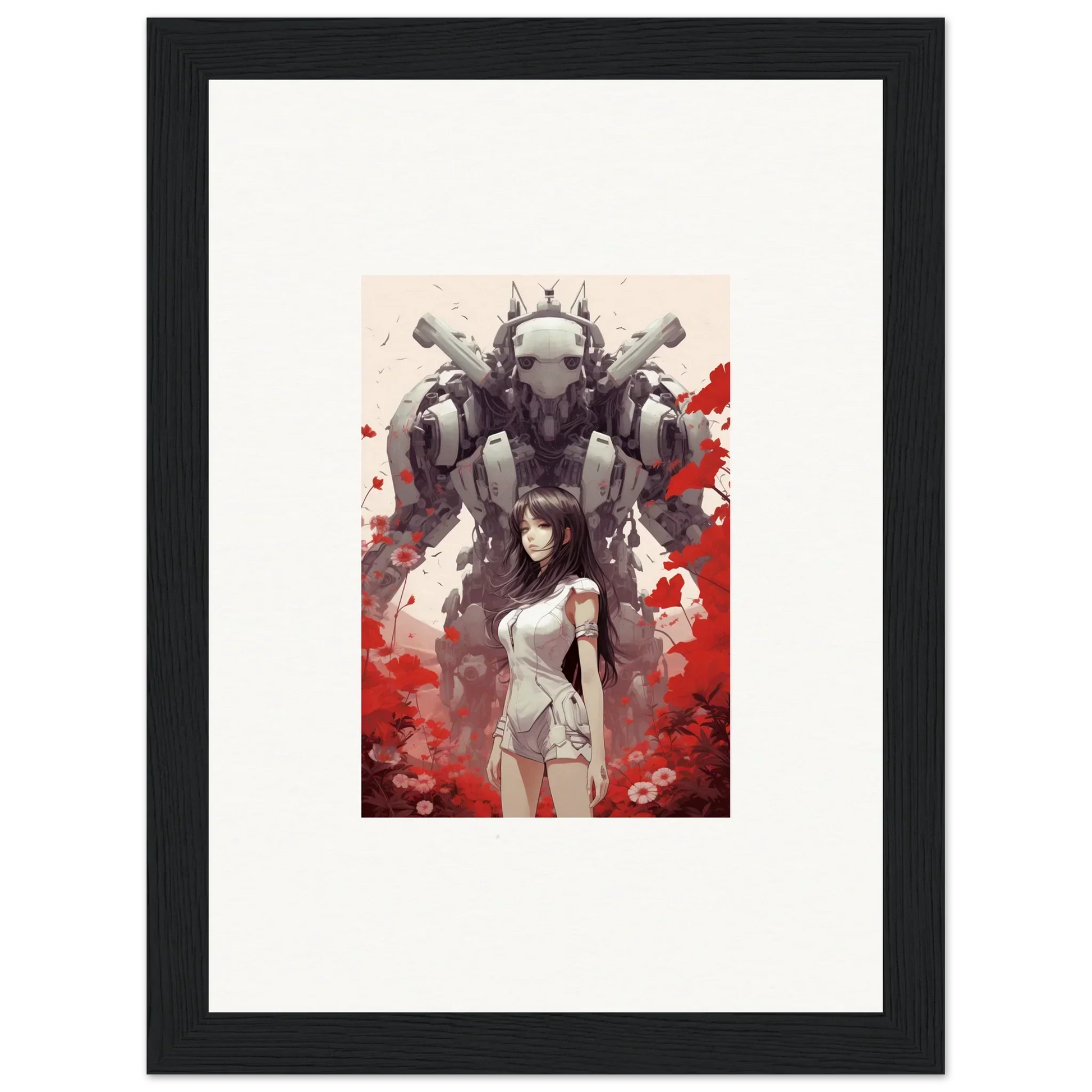 Framed Future Echoes canvas print of a woman with a mech suit, bold wall art decor