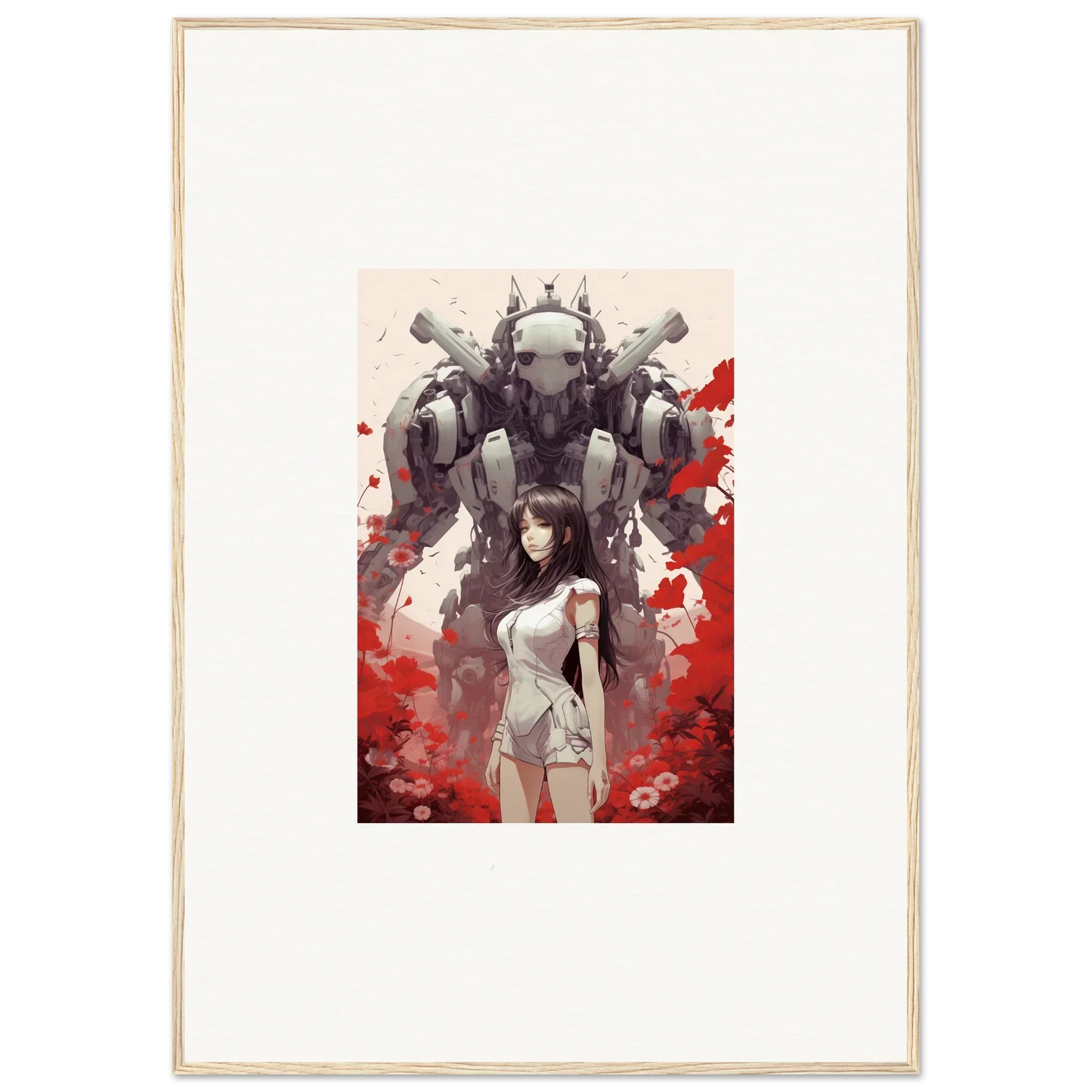 Framed canvas print of a woman and robotic mech for cool room decoration wall art