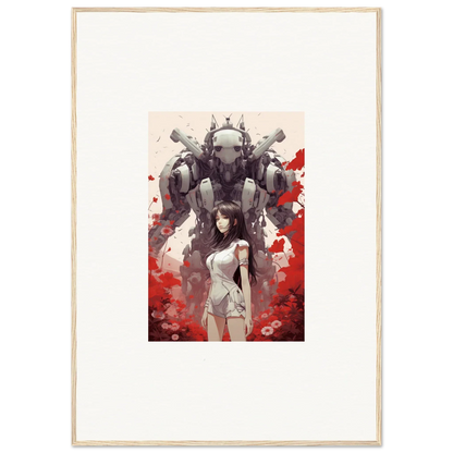 Framed canvas print of a woman and robotic mech for cool room decoration wall art