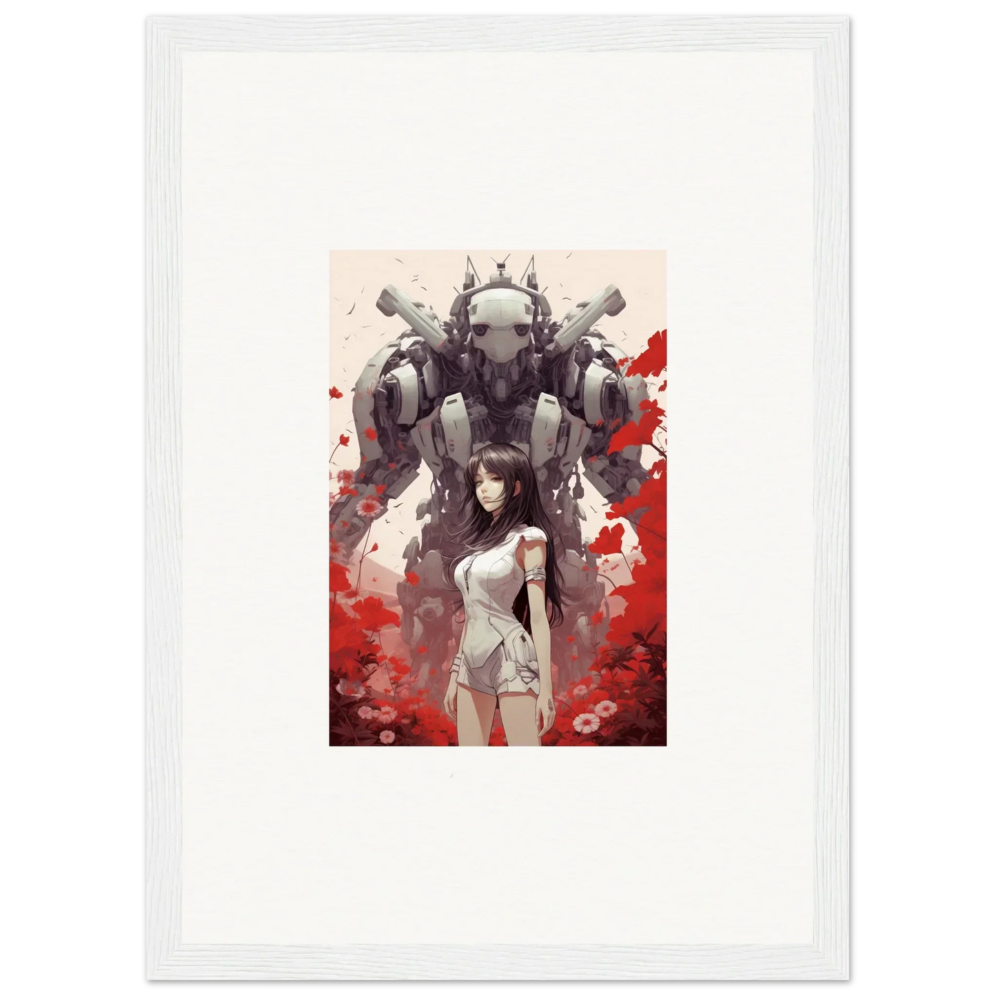 Framed wall art of a woman and robotic figure, perfect for room decoration, Future Echoes