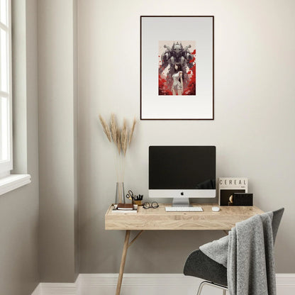 Minimalist home office with wooden desk, computer, and stylish wall art for room decoration