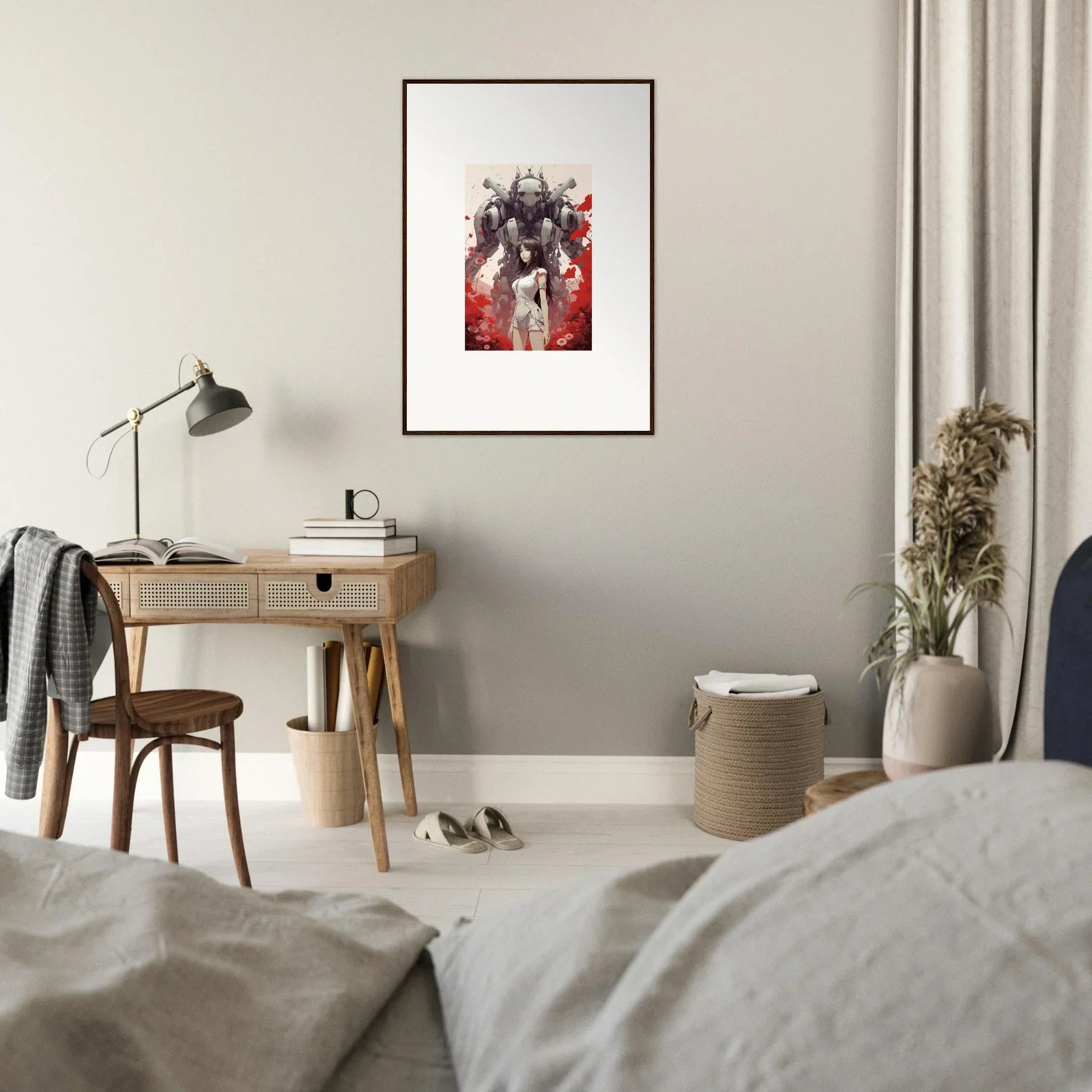 Framed wall art of a stylized figure in red and white for trendy room decoration