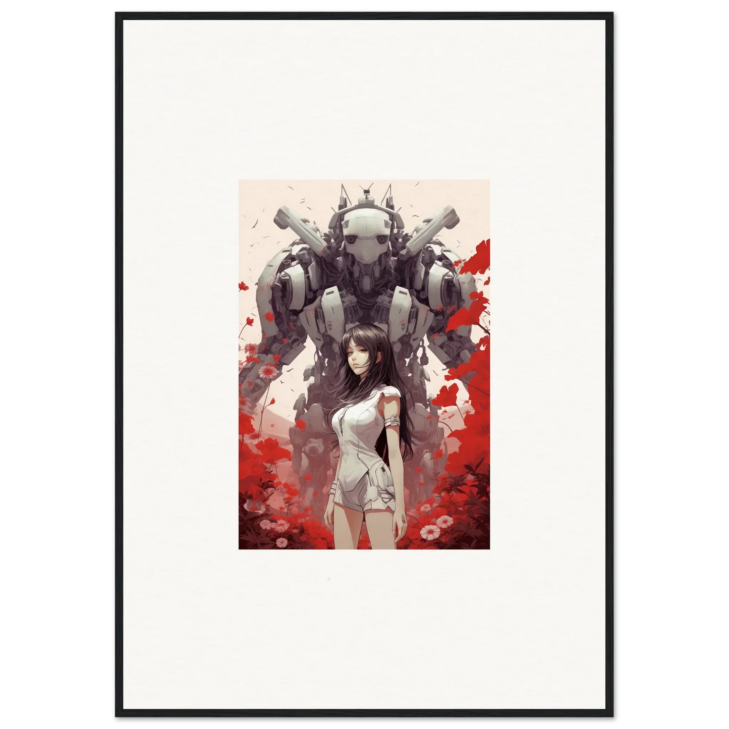 Framed wall art of a woman and a mech, perfect for room decoration in Future Echoes