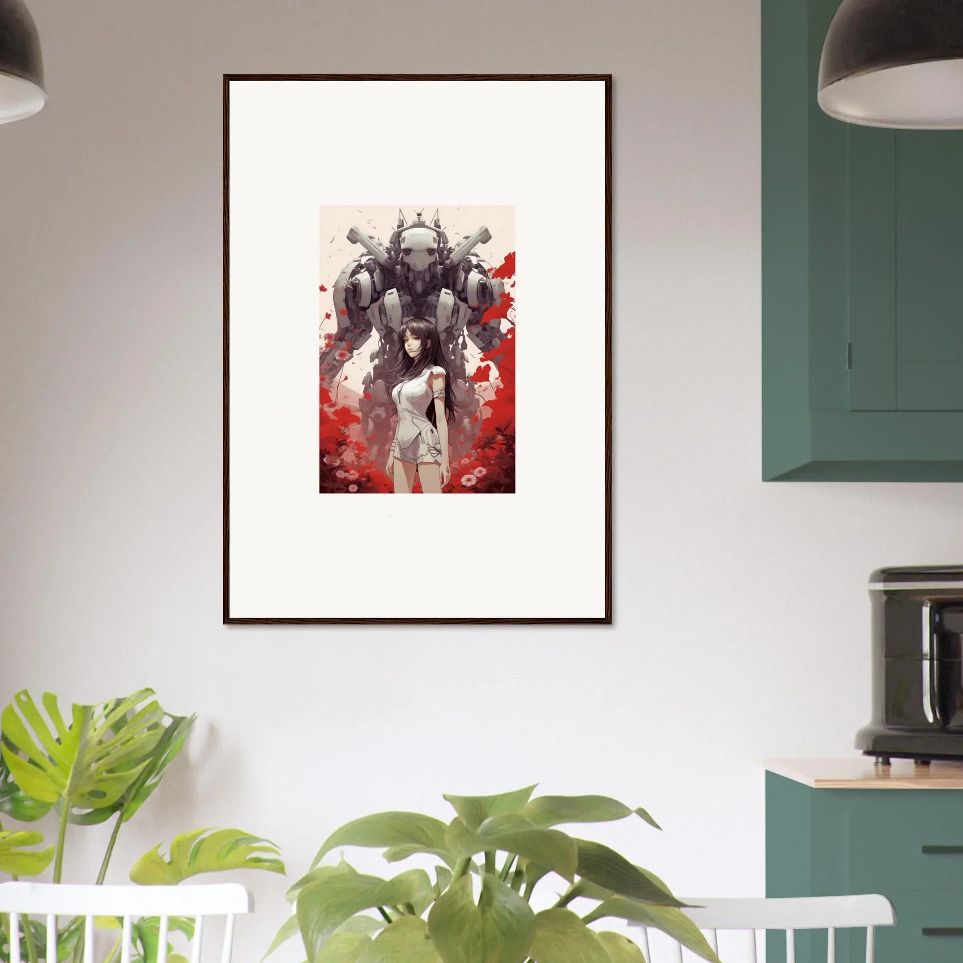 Framed canvas print of Future Echoes, featuring a spacesuit figure and bold abstract art