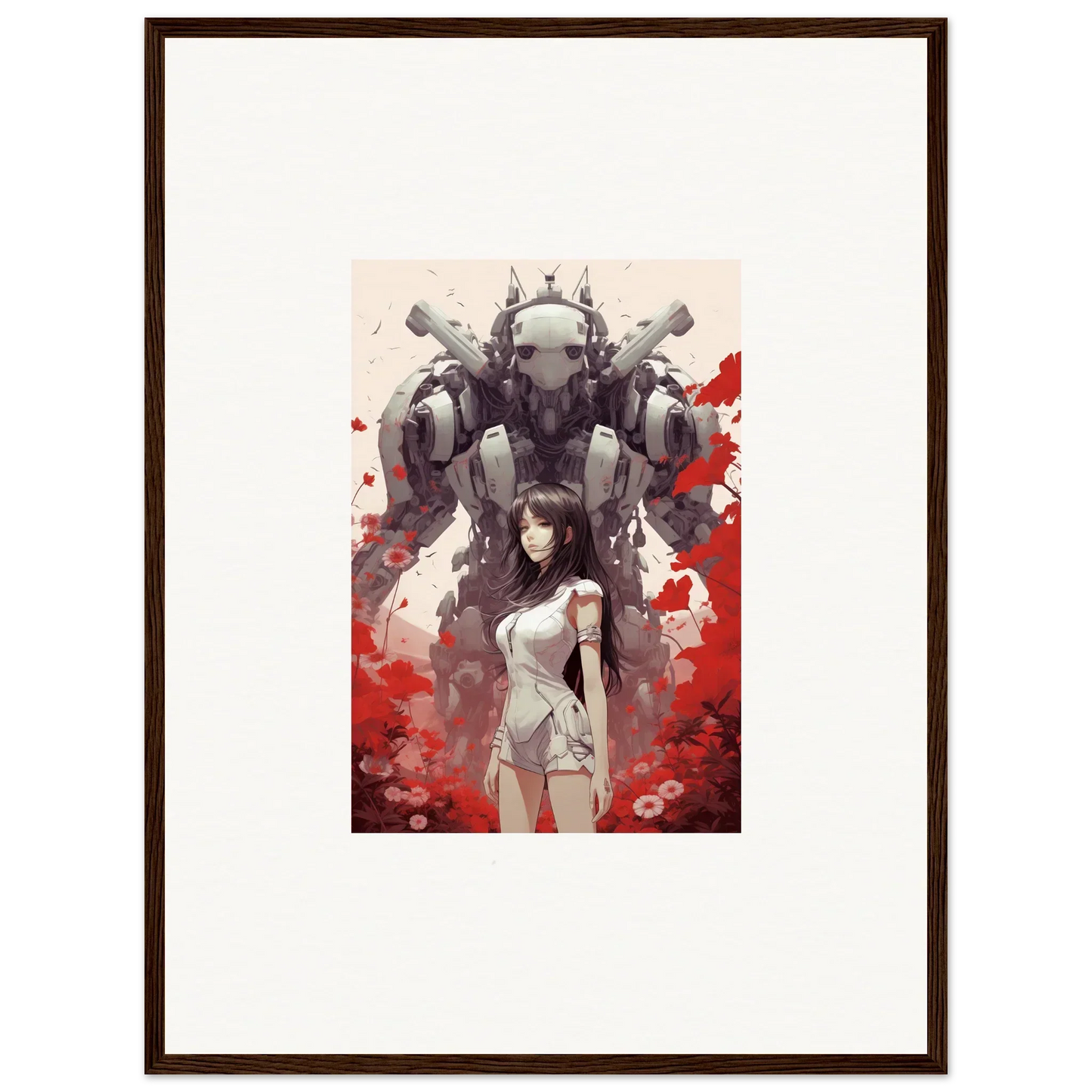 Framed wall art of a woman in white and a mech, perfect for unique room decoration