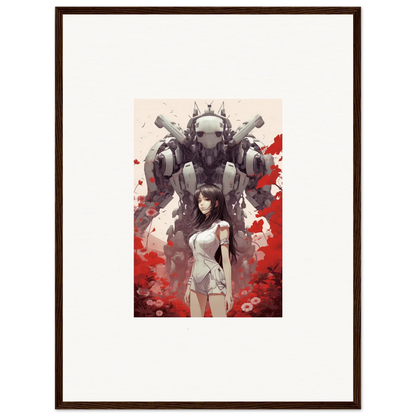 Framed wall art of a woman in white and a mech, perfect for unique room decoration