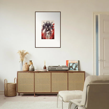 Framed wall art of a football player enhances room decoration above a wooden sideboard