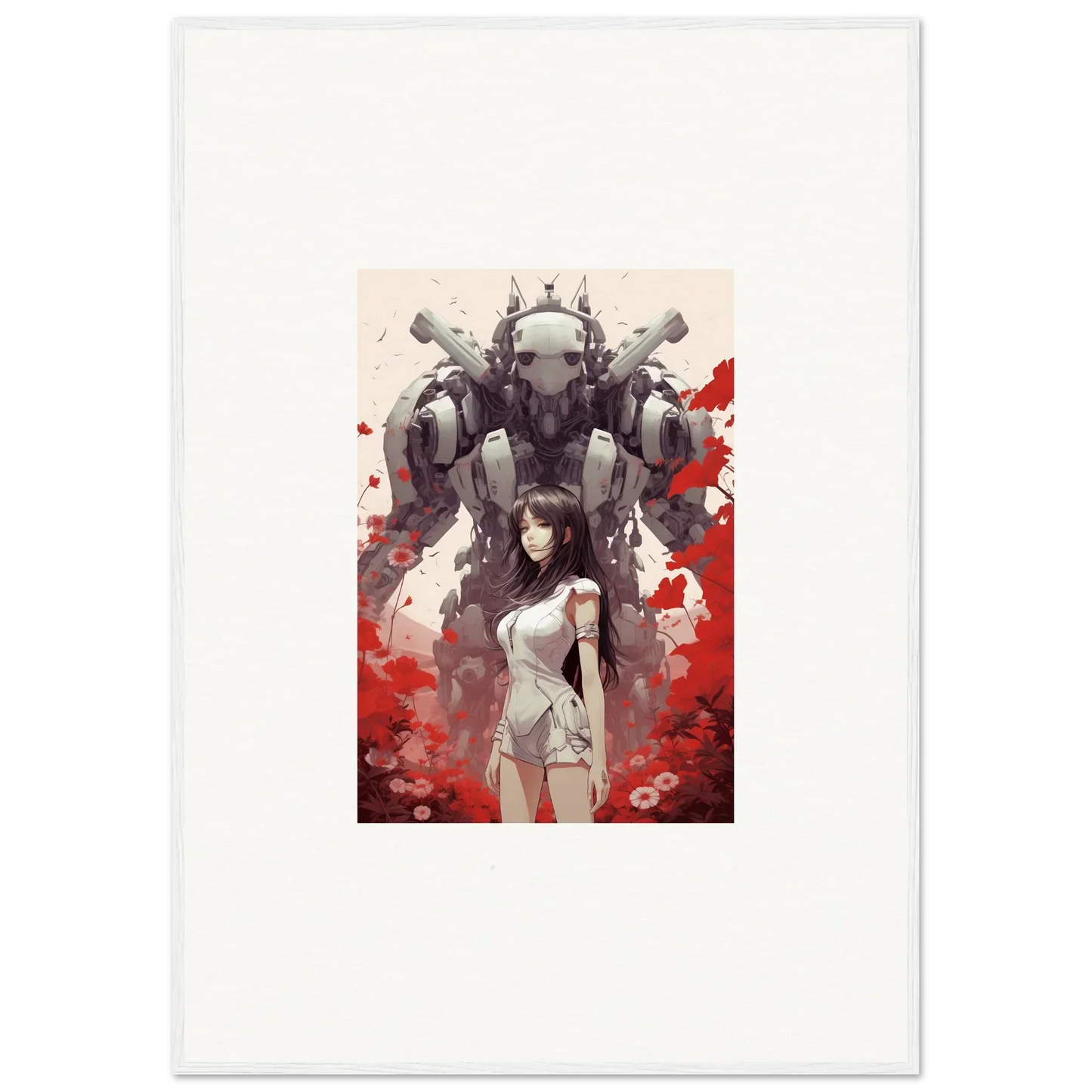 Woman in a mech suit for Future Echoes wall art, perfect for room decoration