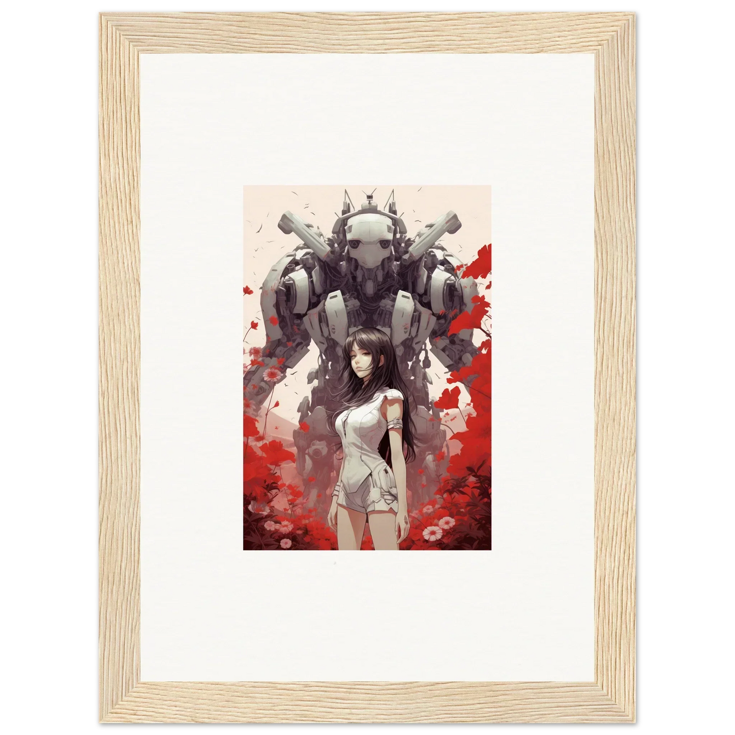 Framed canvas print of a woman and robotic figure, perfect wall art for room decoration