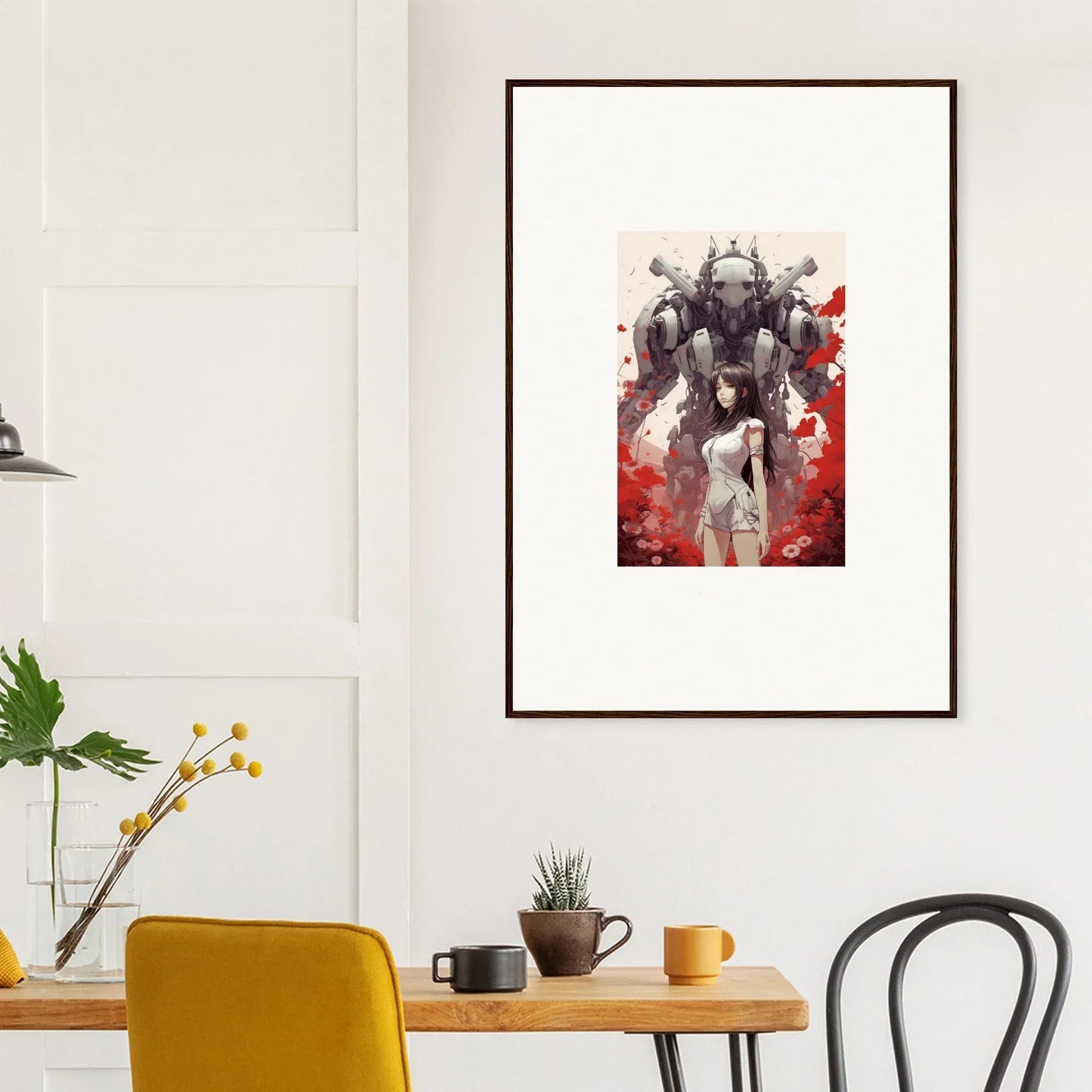 Framed Future Echoes canvas print of a robotic figure for cool wall art and room decoration