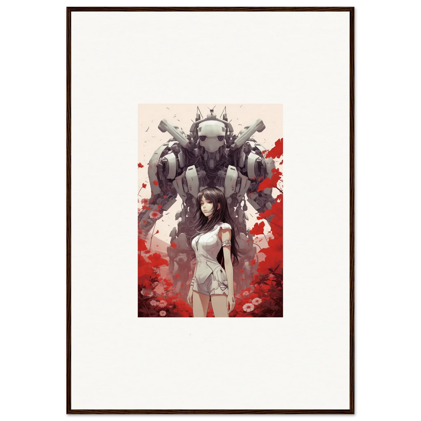 Framed wall art of a woman and mech, perfect for vibrant room decoration