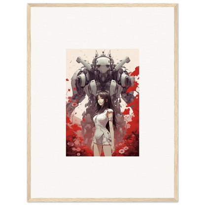 Framed canvas print of a woman and robotic mech, perfect wall art for room decoration