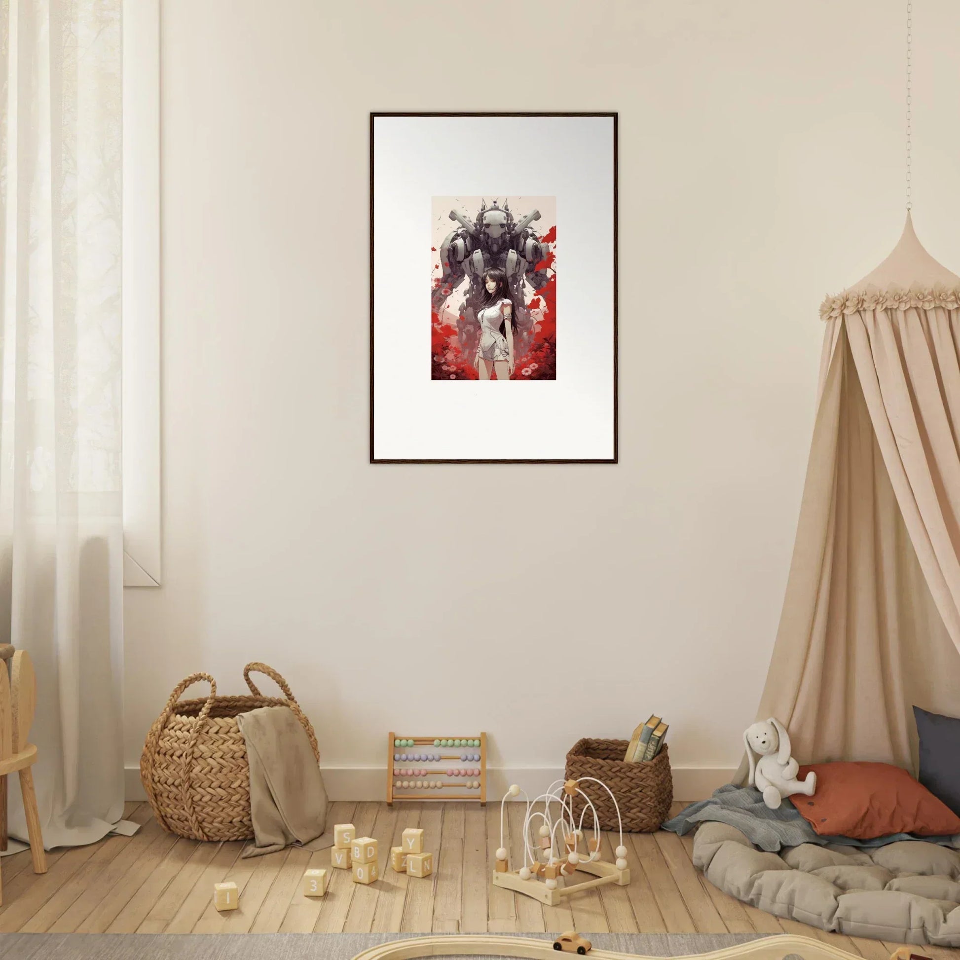 Framed Future Echoes canvas print featuring red and white abstract wall art for room decoration