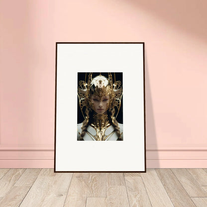 Framed artwork of an ornate figure in a golden headdress for Future Opulence Rewoven