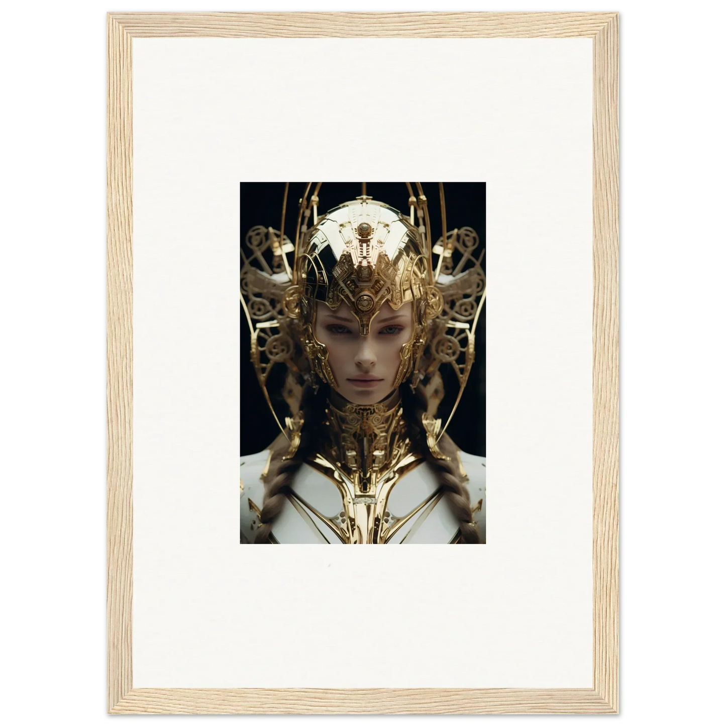 Framed artwork of an ornate golden headdress in Future Opulence Rewoven design