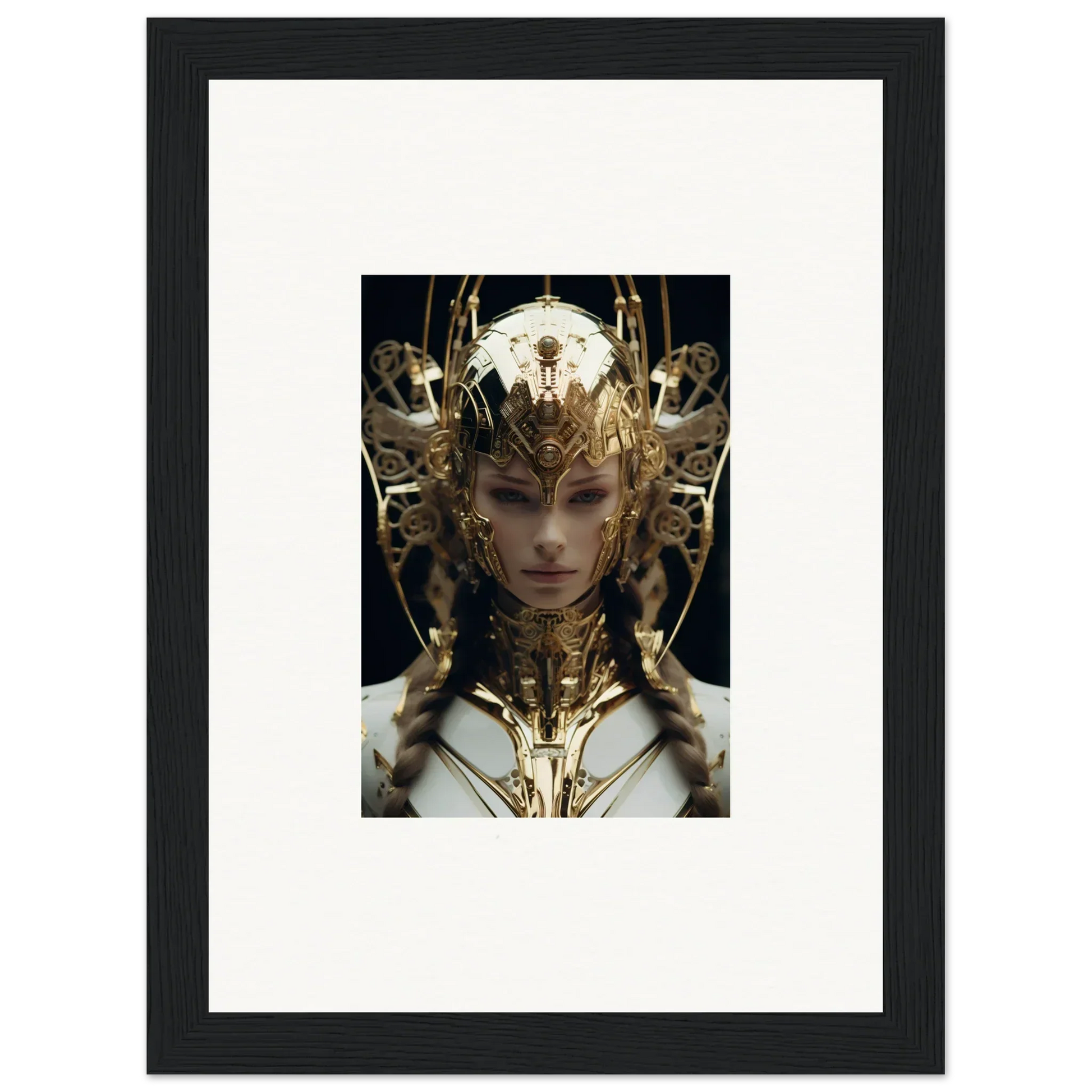 Framed portrait of a figure in ornate golden headdress from Future Opulence Rewoven