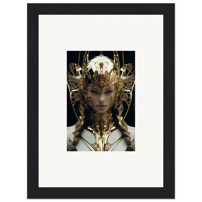 Framed portrait of a figure in ornate golden headdress from Future Opulence Rewoven