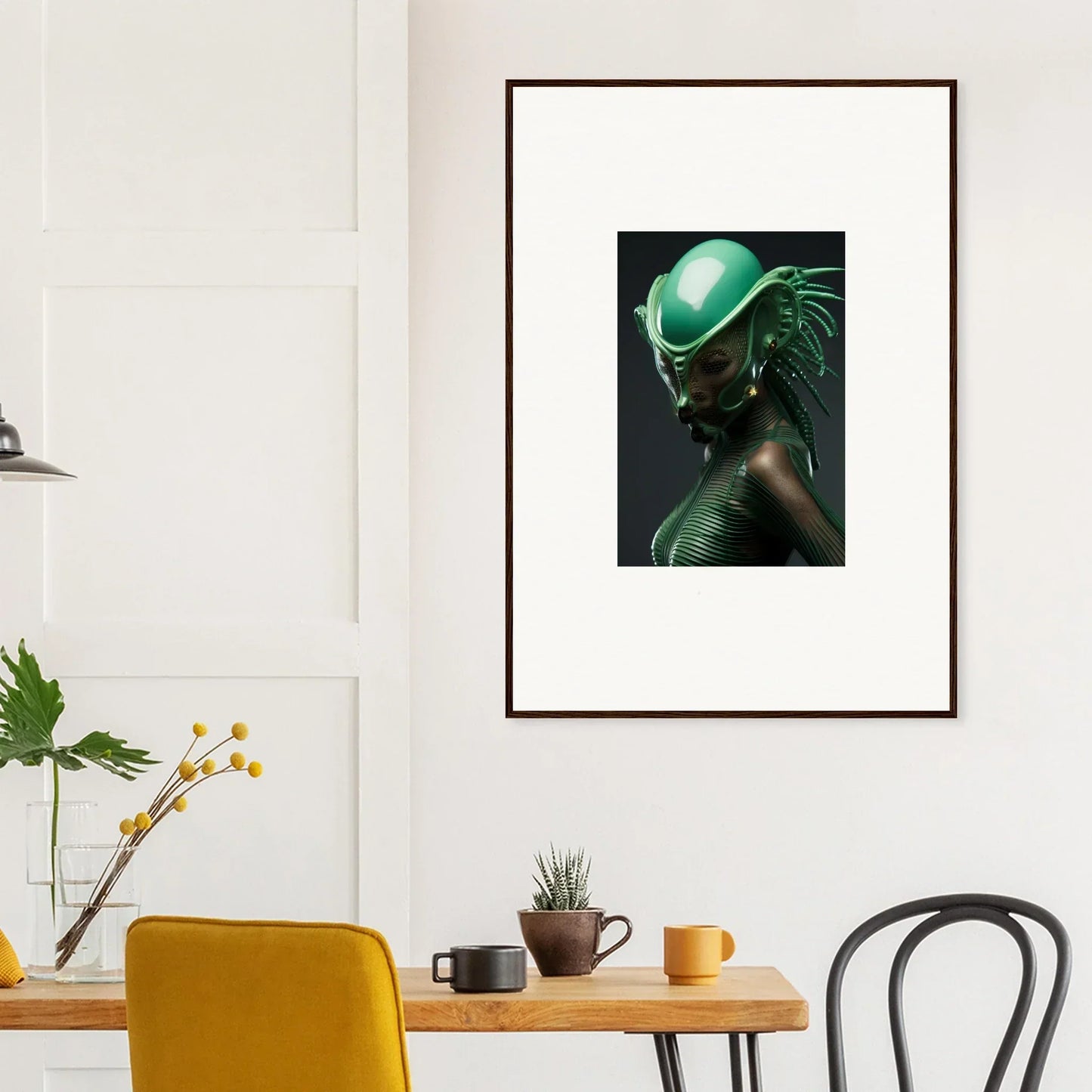 Futuristic figure in green helmet and dark suit for cool room decoration canvas print