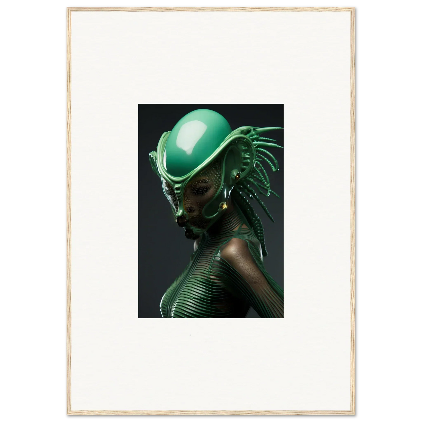 Cool futuristic green helmet with alien design, perfect for canvas print or room decoration