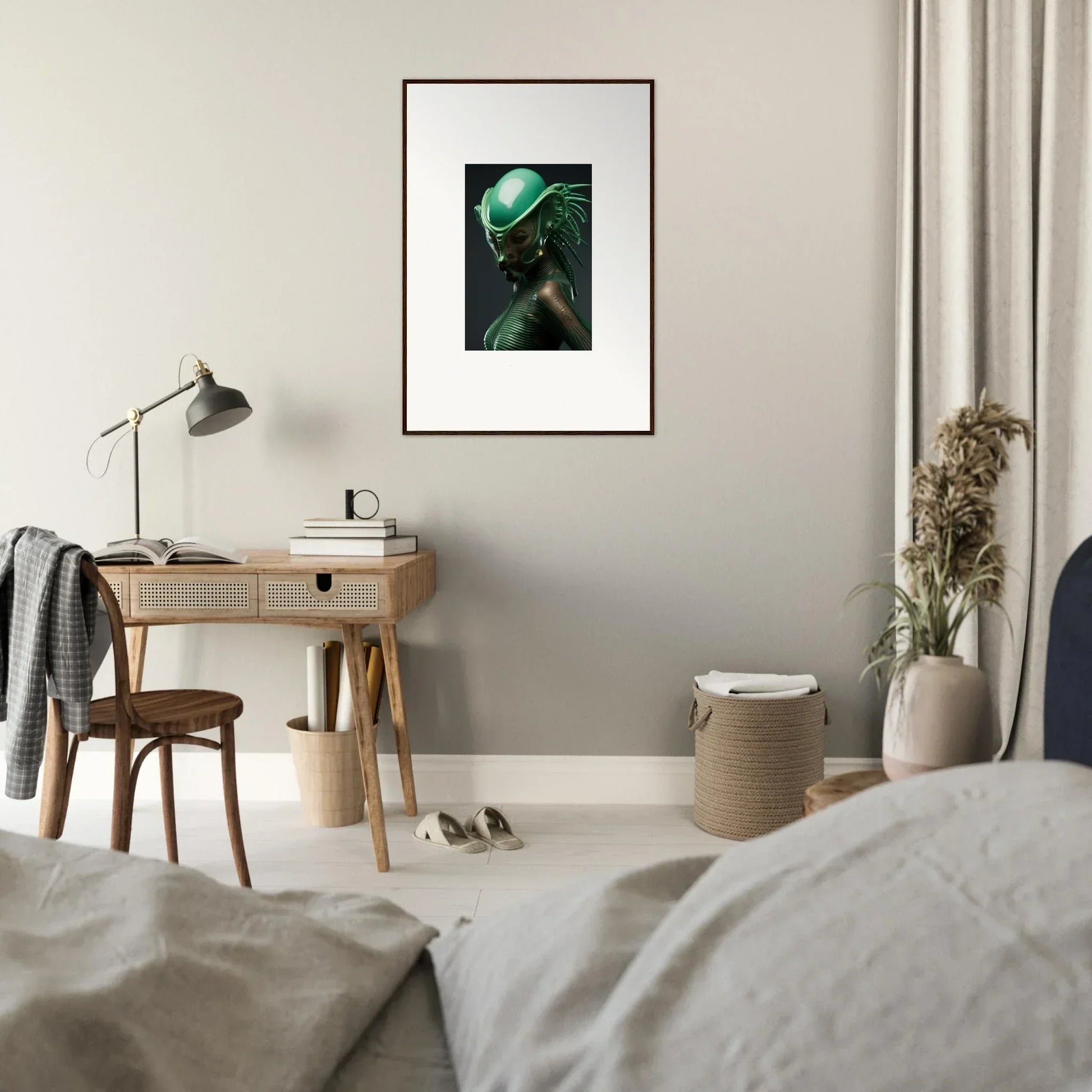 Framed canvas print of a mysterious figure with glowing green eyes for cool room decoration