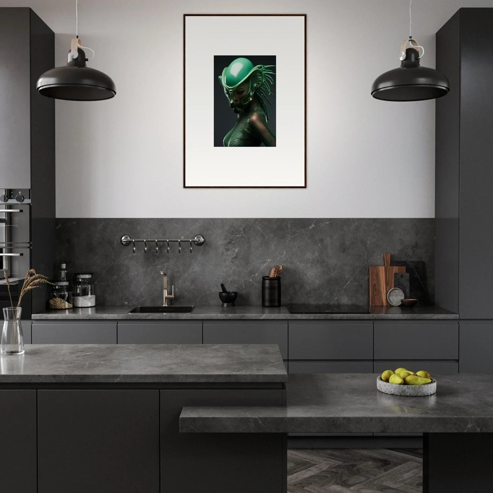 Modern dark kitchen showcasing a stunning canvas print perfect for room decoration