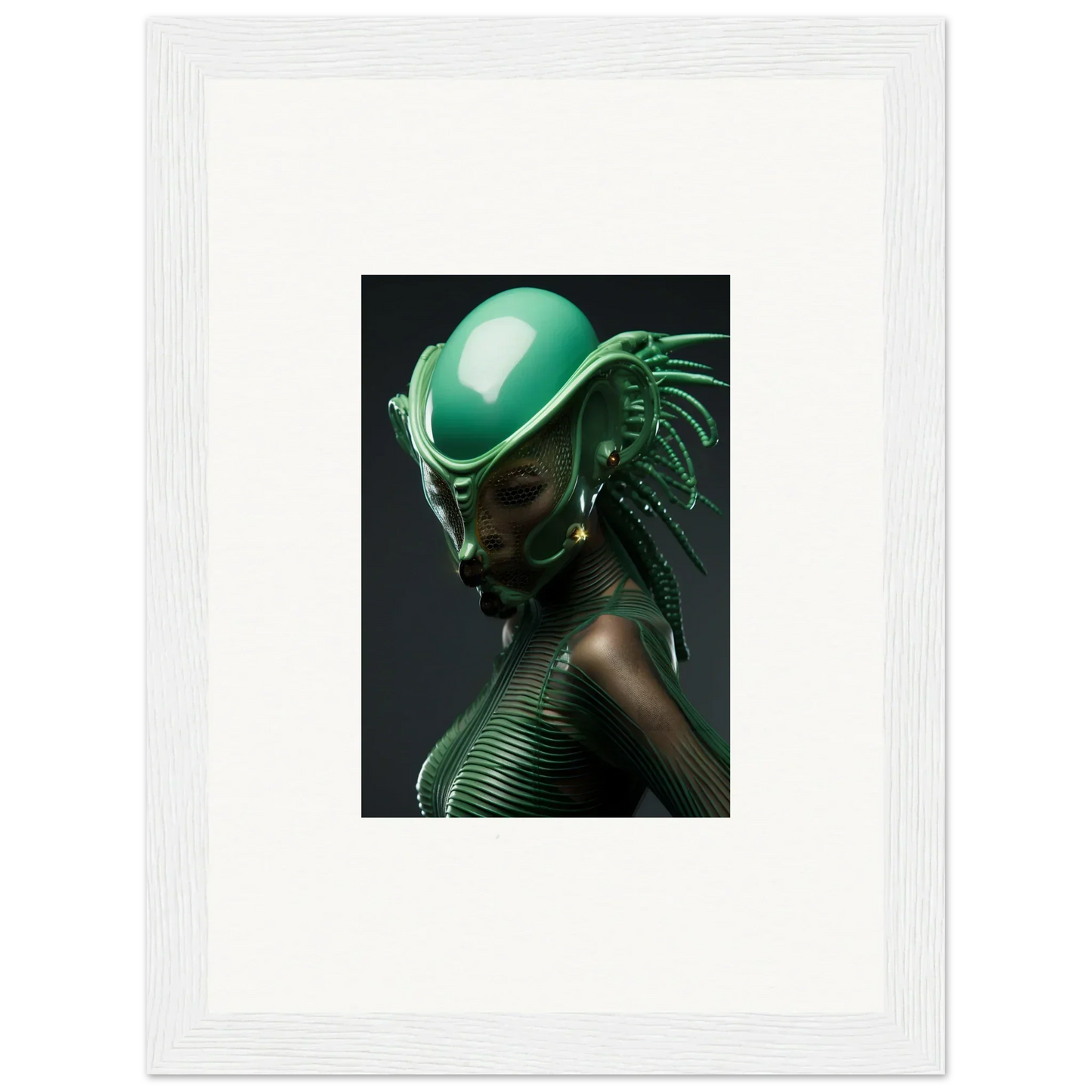 Futuristic green alien helmet for cool room decoration with Galactic Chlorophyll Nectar vibe