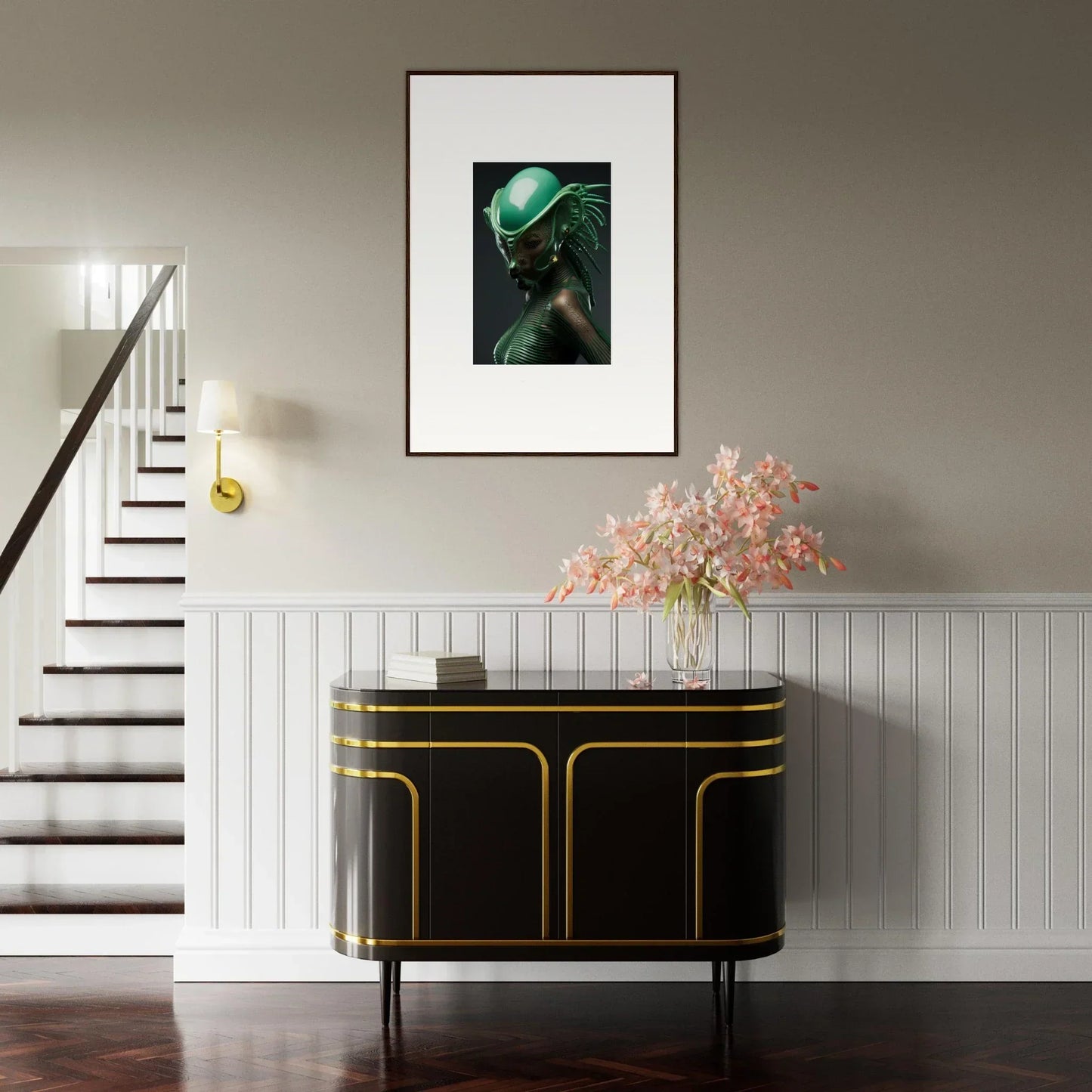 Elegant black and gold console table perfect for room decoration with chlorophyll nectar vibes