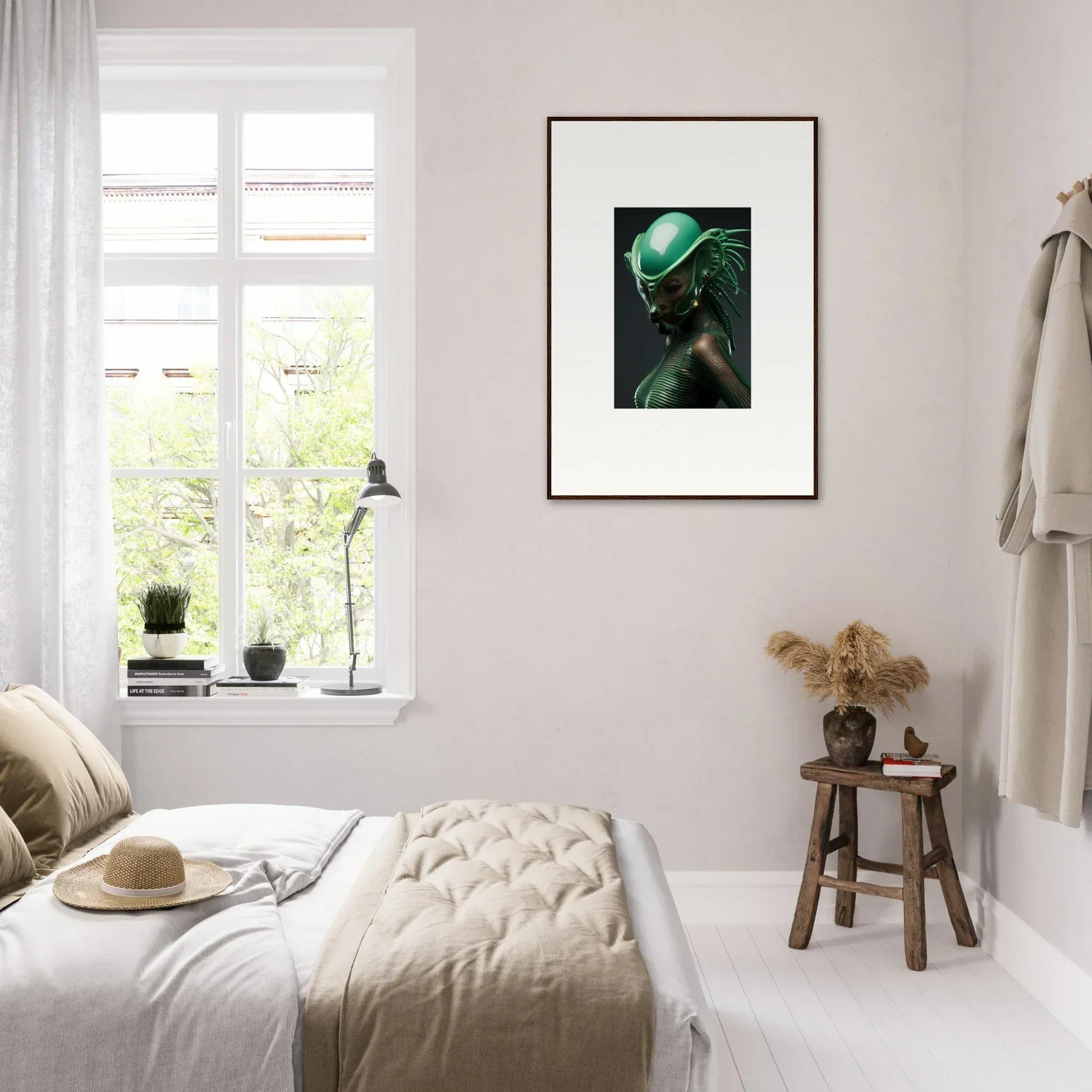 Framed canvas print of a figure in a green hat, perfect for room decoration with chlorophyll nectar vibes