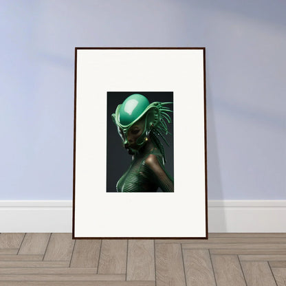 Framed canvas print of a figure in a green helmet, perfect for room decoration with chlorophyll nectar vibes