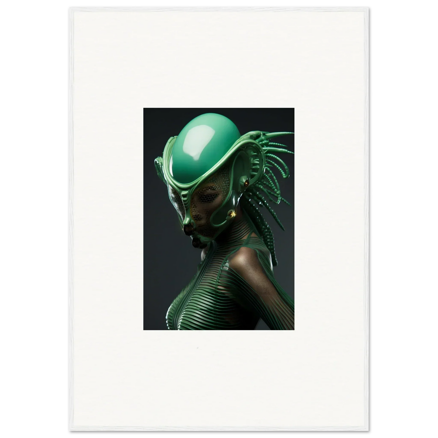 Futuristic green helmet with alien features, perfect for your chlorophyll nectar room decor