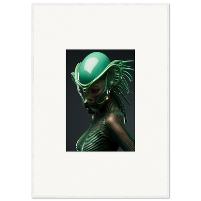 Futuristic green helmet with alien features, perfect for your chlorophyll nectar room decor