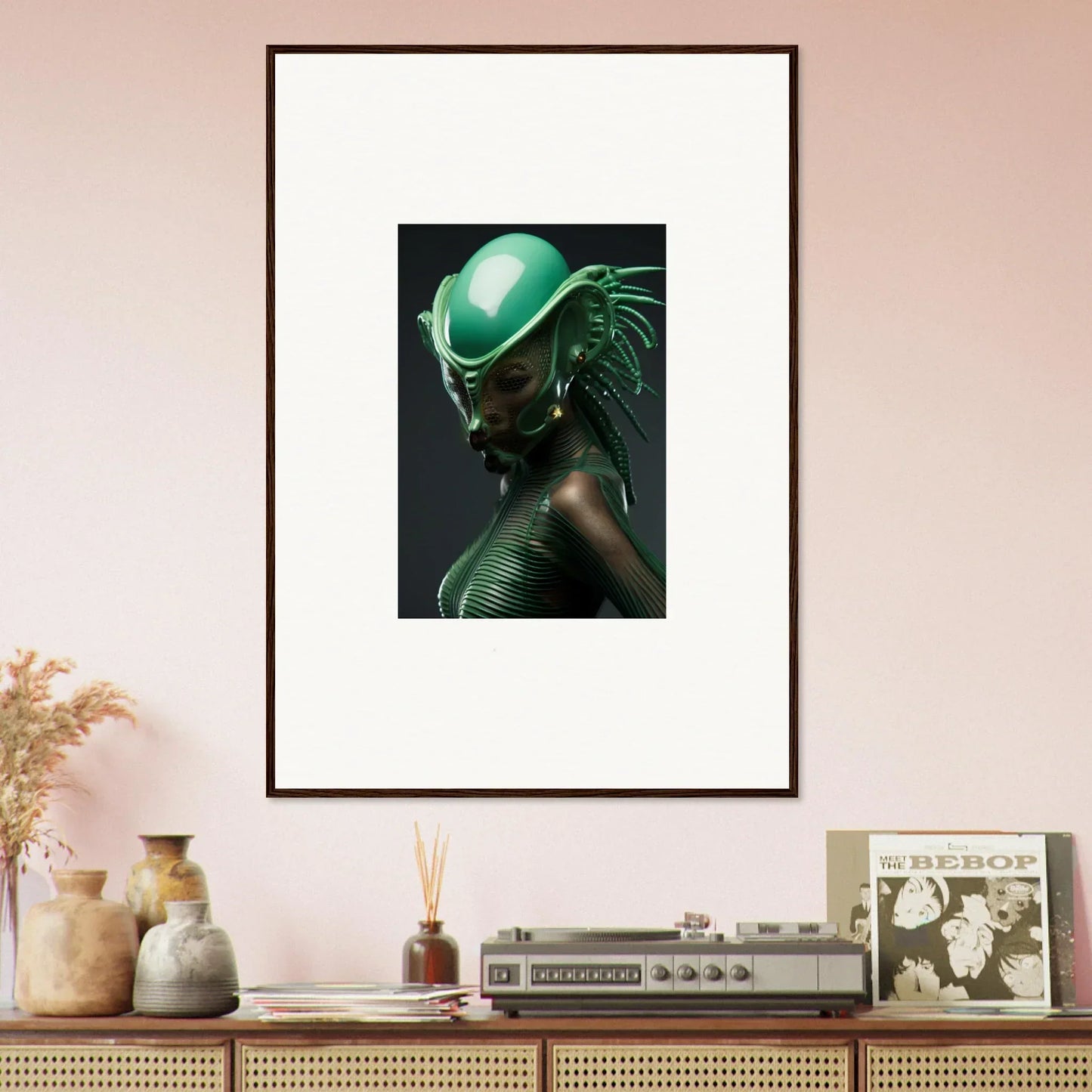 Framed canvas print of a person in green headpiece, perfect for room decoration