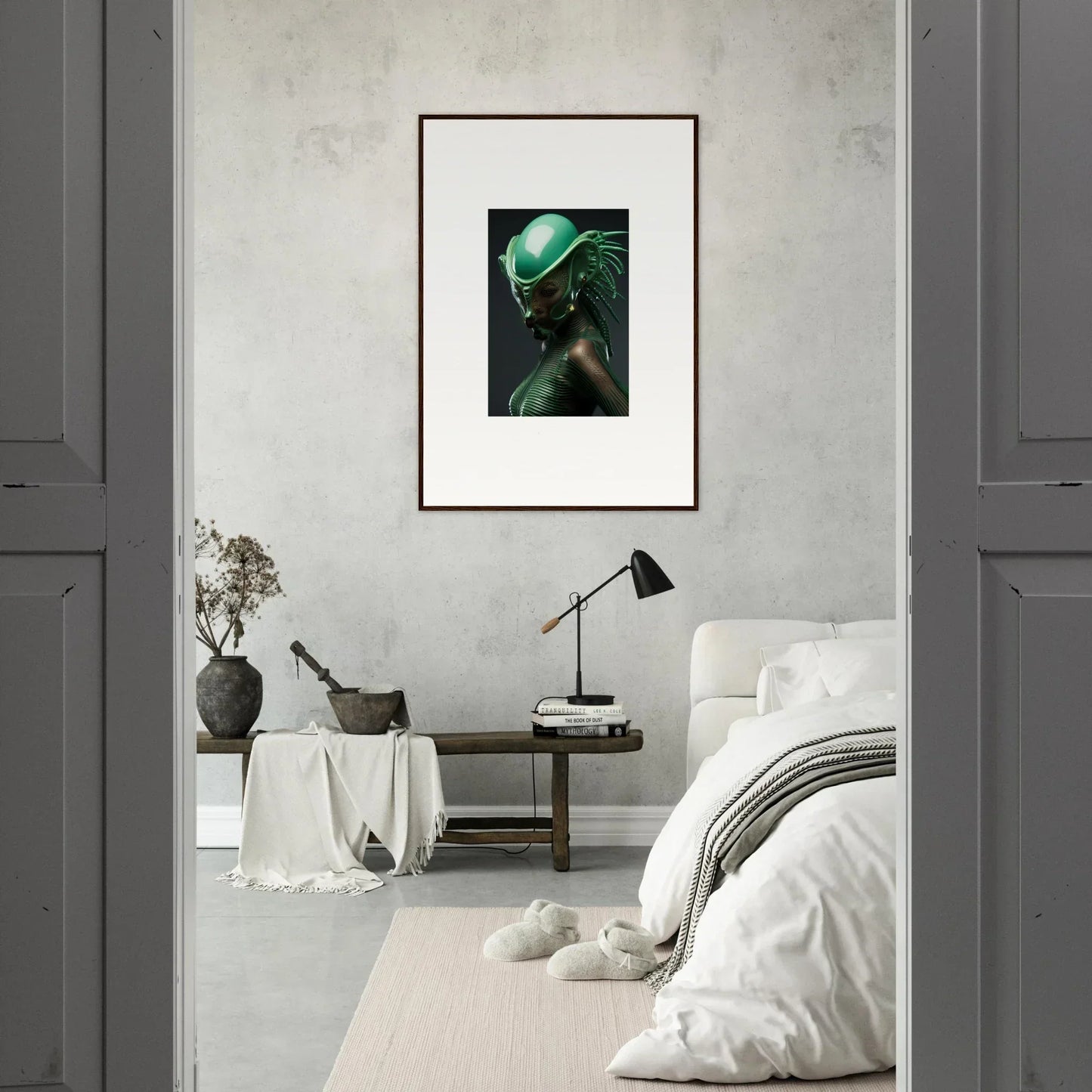 Framed portrait of a figure in a green hat, perfect for room decoration with Chlorophyll Nectar