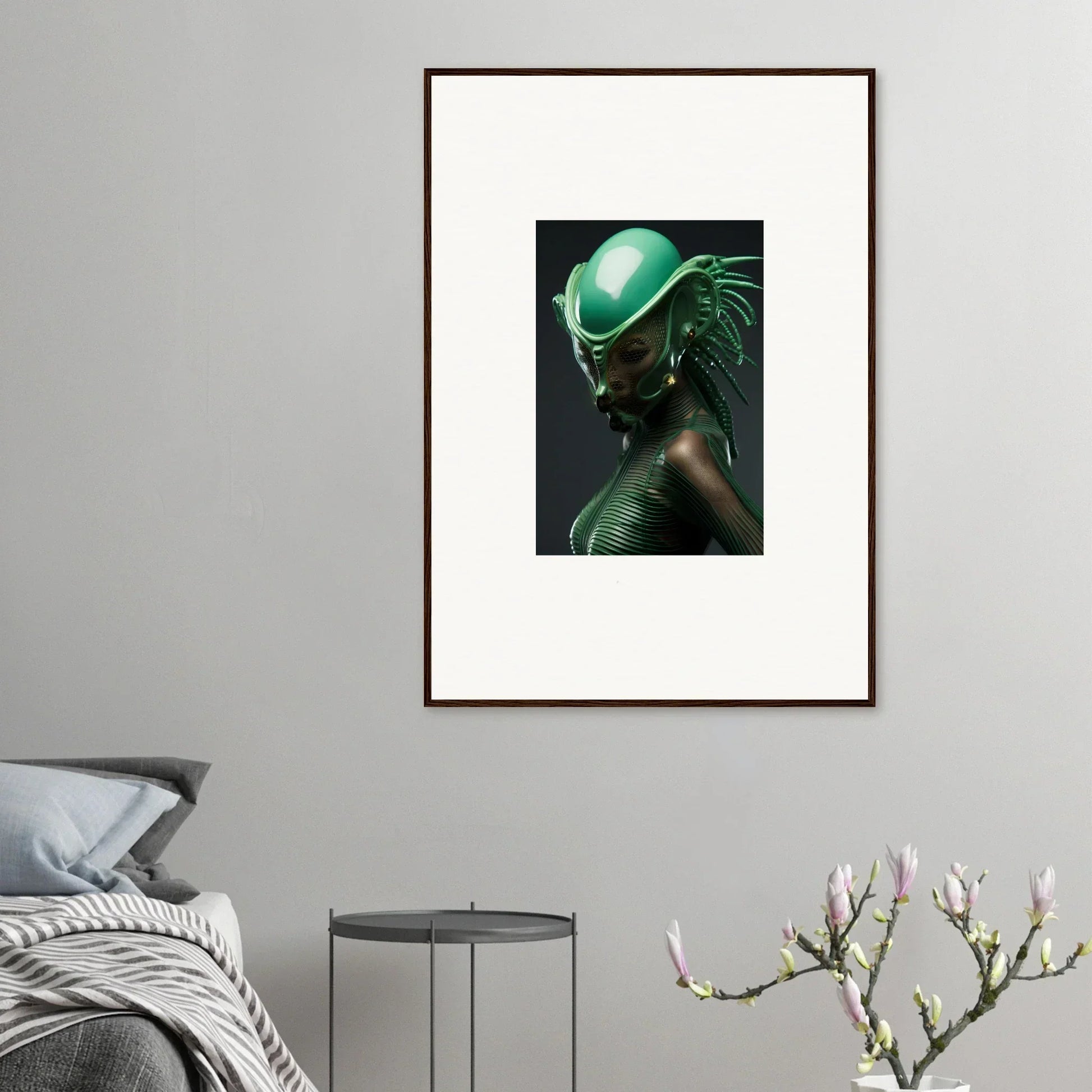 Futuristic canvas print of a figure with a glowing green helmet for room decoration