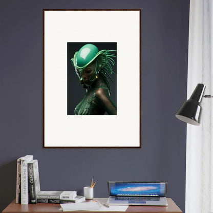 Framed canvas print of figure with green metallic skin, perfect for room decoration