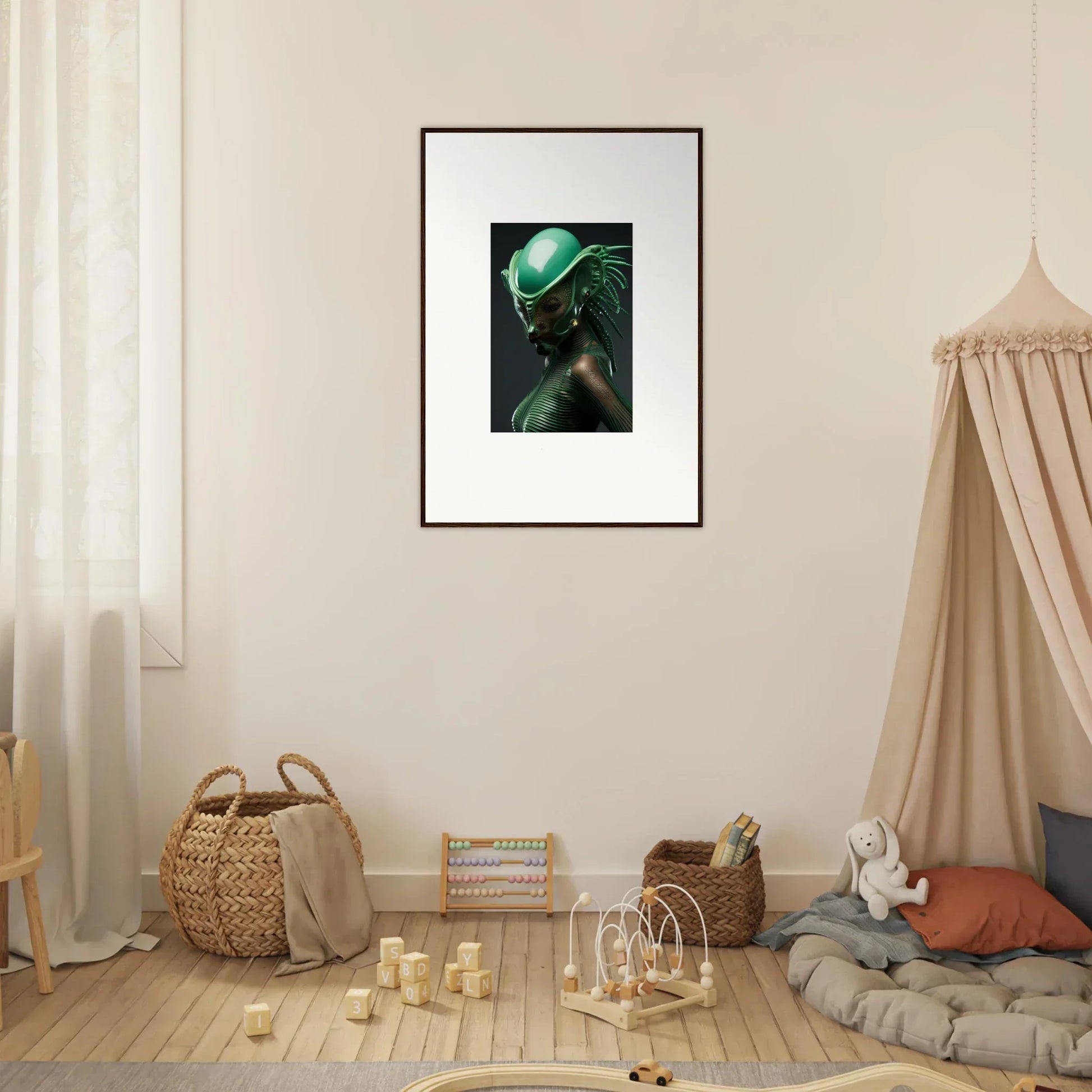 Framed canvas print of an alien figure with glowing chlorophyll nectar vibes for room decoration