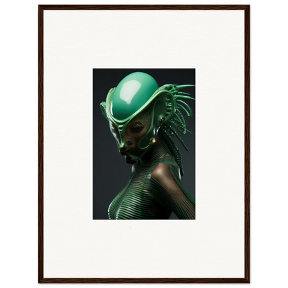 Futuristic alien figure with a green helmet in a cool Chlorophyll Nectar canvas print