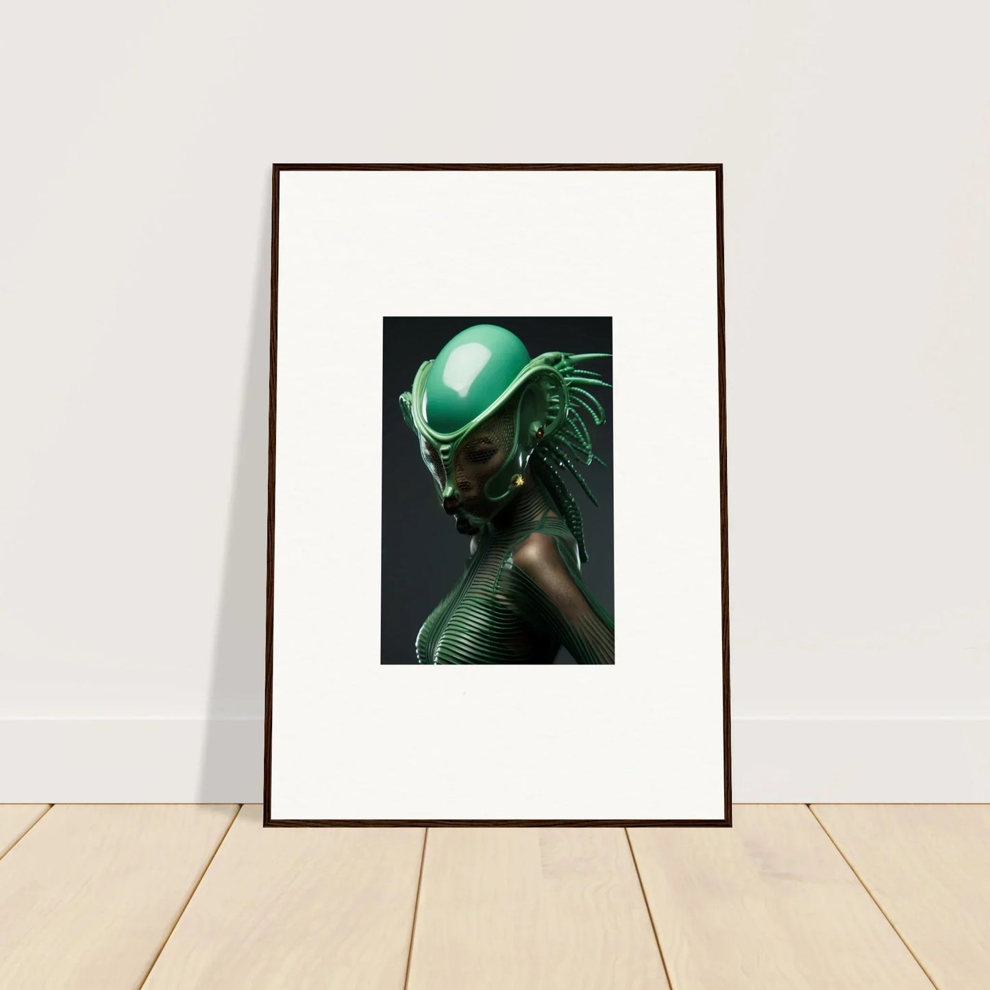 Framed canvas print of a futuristic figure in green helmet, perfect room decoration