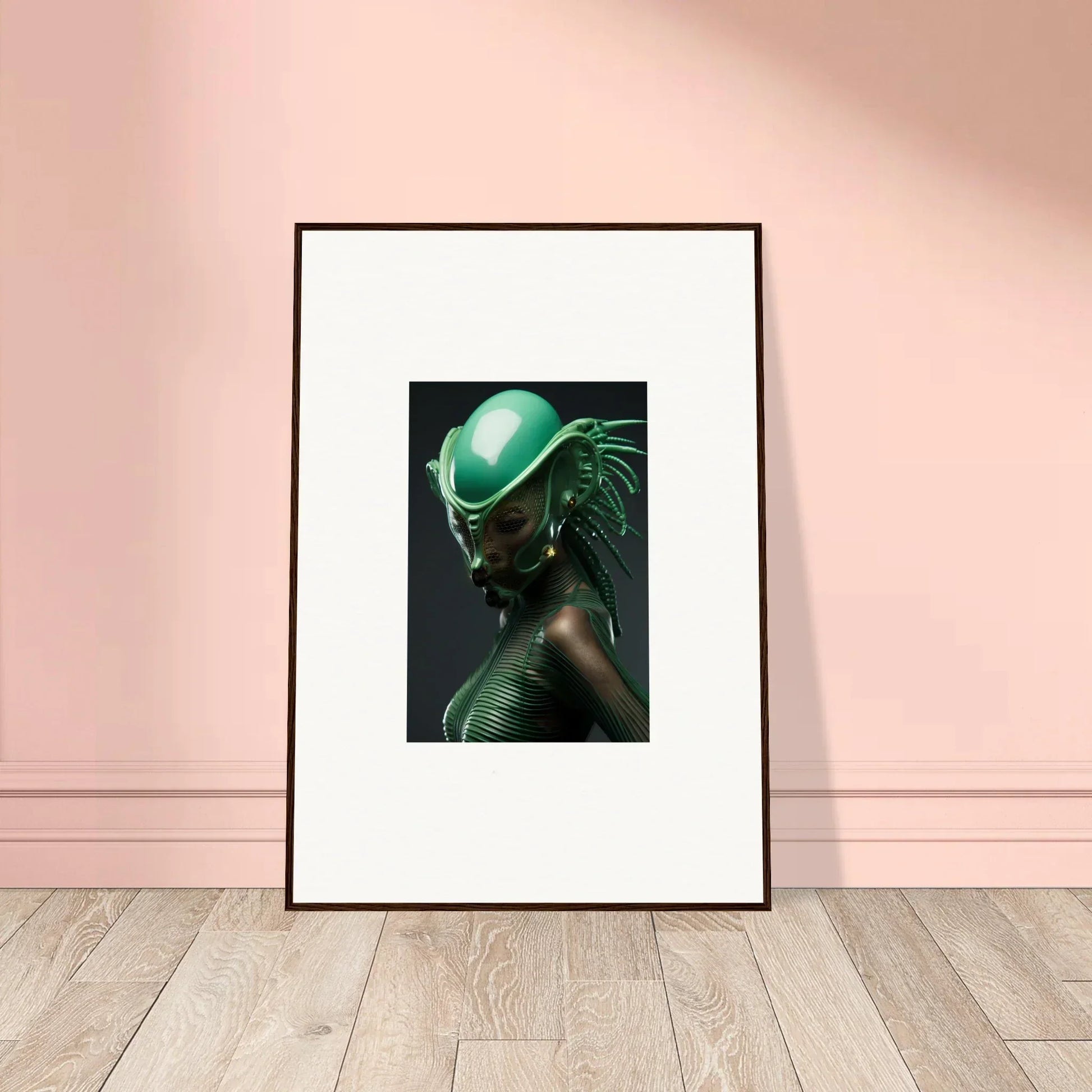 Framed canvas print of a figure in a green helmet, perfect for room decoration or chlorophyll nectar fans