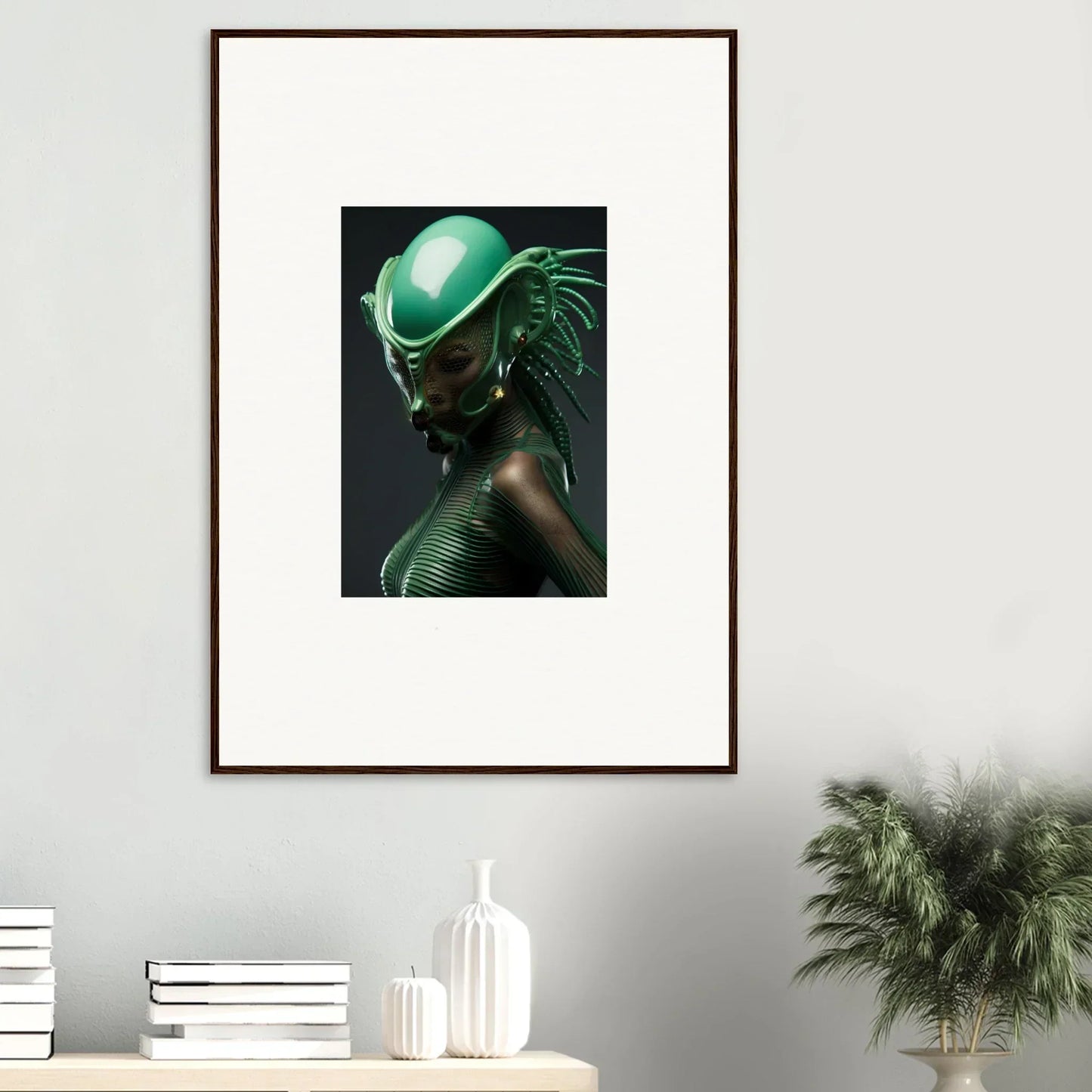 Framed canvas print of a futuristic green helmet for cool room decoration with chlorophyll nectar