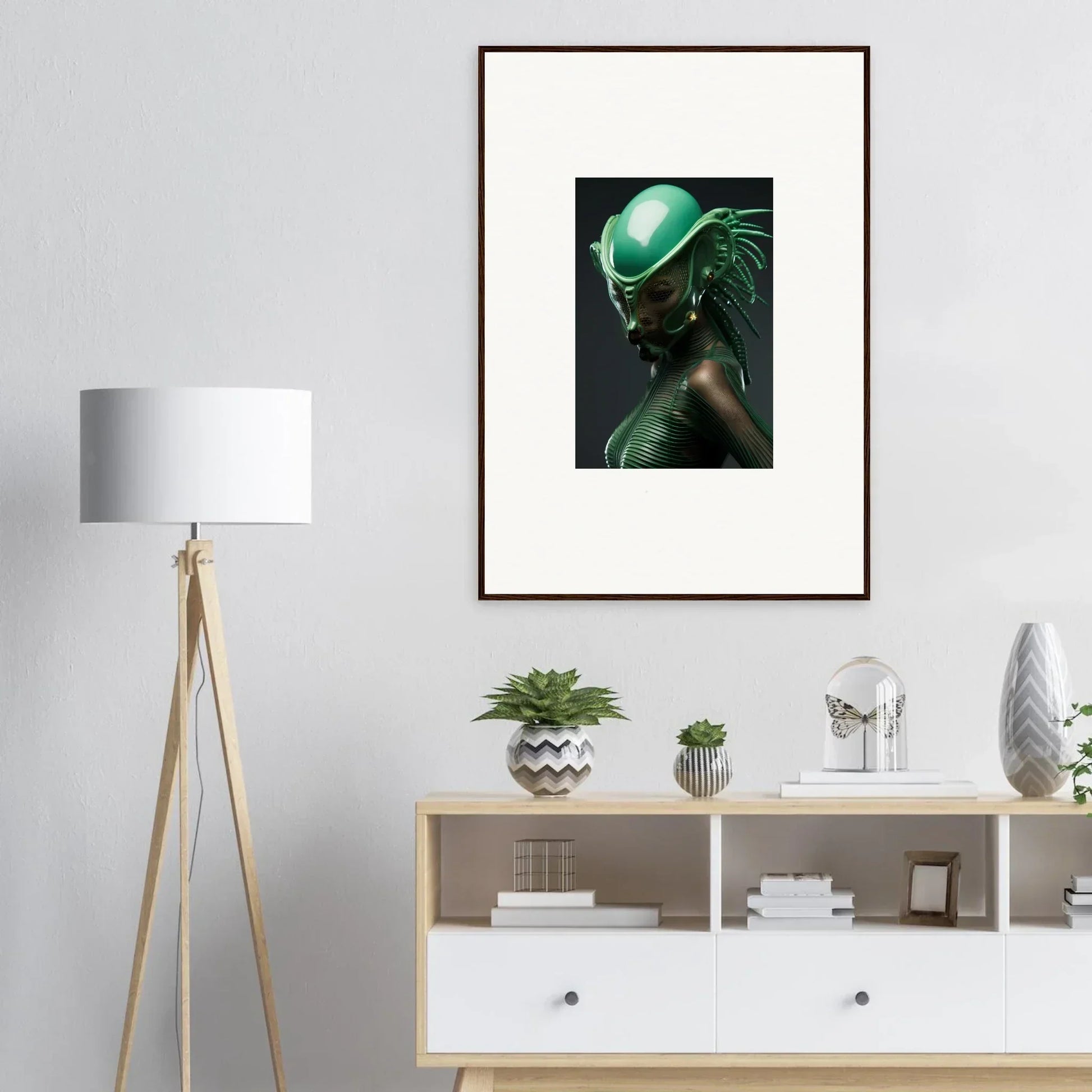 Framed canvas print of a figure in a green helmet, perfect for room decoration