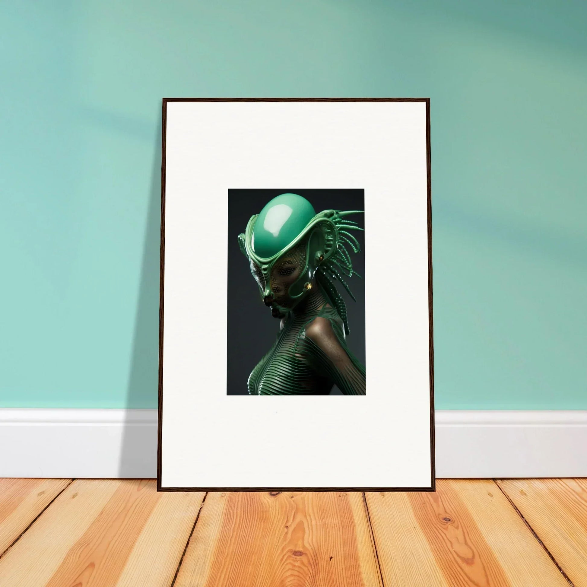 Framed canvas print of a futuristic figure with metallic skin and green helmet for room decoration