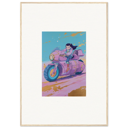 Stylized illustration of a person on a pink motorcycle for Paintfall Venture canvas print