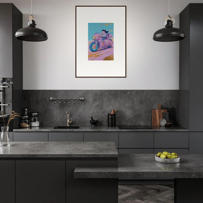 Modern kitchen with dark cabinets and a vibrant canvas print for stylish room decoration